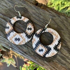 Black Tan and White Aztec Leather Hoop Earrings